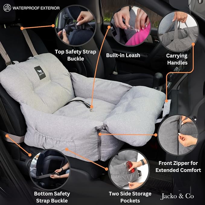 JACKO & CO Premium Dog Car Seat – Safe & Cozy Travel Bed and Carrier for Small Dogs, Puppies, Pets up to 25 lbs, Clip-On Leash & Storage Pockets, Water-Resistant, Machine Washable (Grey Small)