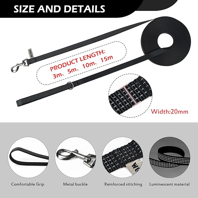 Wolfone Long Line Dog Leash with Padded Handle Black 5m Training Leashes Reflective Leads for Dogs Outside