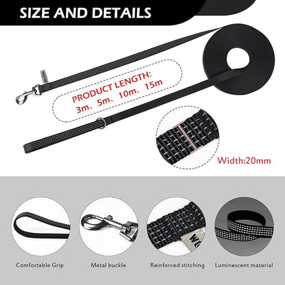 Wolfone Long Line Dog Leash with Padded Handle Black 15m Training Leashes Reflective Leads for Dogs Outside