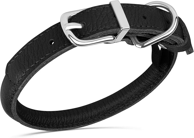 OOPSDOGGY Rolled Leather Dog Collar Soft Roll Collars for Small Medium Large Dogs Puppy (Black, XL, 17"-21")