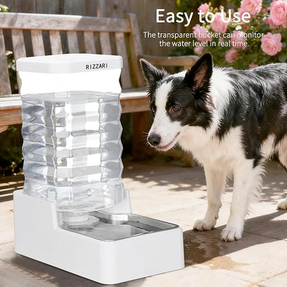 RIZZARI Stainless Steel Pet Waterer: 9L White Gravity Fed Water Dispenser Leak-Proof for Senior Dogs Joint Care Home Owners - with Filter - Bedroom Garden Use