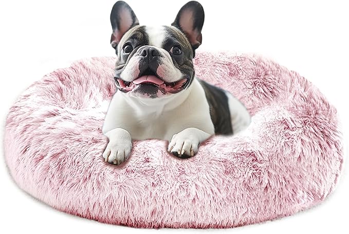 JOLLYVOGUE Calming Dog Bed Large Size Dog, Anti-Anxiety Donut Large Pet Bed, 36 inches Fluffy Faux Fur Round Cat Bed, Fits up to 75 lbs Pets (Smoke Pink)