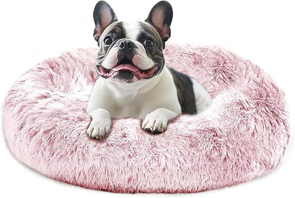 JOLLYVOGUE Calming Dog Bed Large Size Dog, Anti-Anxiety Donut Large Pet Bed, 36 inches Fluffy Faux Fur Round Cat Bed, Fits up to 75 lbs Pets (Smoke Pink)