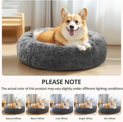 JOLLYVOGUE Calming Dog Bed Medium Size Dog, Anti-Anxiety Donut Medium Pet Bed, 31 inches Fluffy Faux Fur Round Cat Bed, Fits up to 45 lbs Pets (Smoke Black)