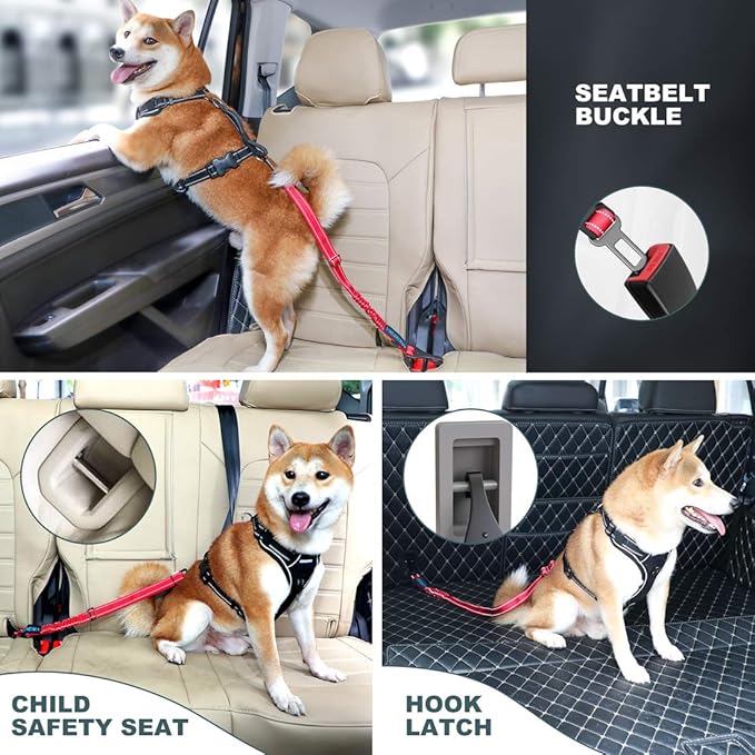 IOKHEIRA Dog Seat Belt 3-in-1 Car Harness for Pets Adjustable Safety Seatbelt Nylon Reflective Bungee Fabric Dog Car Harness with Clip Hook Latch & Buckle, Swivel Zinc Alloy Carabiner Red