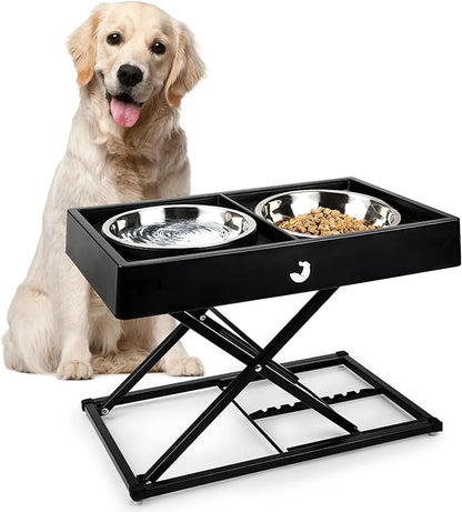 Taglory Metal Elevated Dog Bowls Stand for Large Breeds, 9 Height-Adjustable Raised Dog Bowl with 2 Stainless Steel Bowls(6 Cup), Anti-Slip Pads, 9" to 17.5", Black