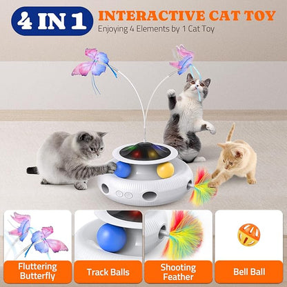 Pawtners Interactive Cat Toy, 4 in 1 Automatic Interactive Kitten Toys for Indoor Cats Rechargeable with Fluttering Butterfly, Track Balls and Ambush Feather
