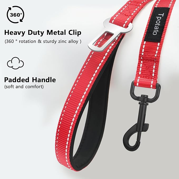 6 Foot Red Dog Leashes for Large Medium and Small Breed Dogs That Pull,Reflective Nylon Heavy Duty Dog Leash with 2 Comfortable Padded Traffic Handles and Car Seat Belt for Walking and Training