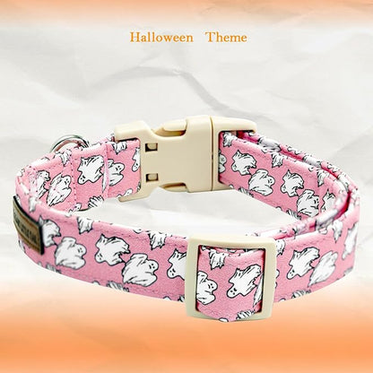 Elegant little tail Halloween Dog Collar, Ghosts Print Pink Halloween Pet Collars Cotton Soft Sturdy Puppy Collars Holiday Female Adjustable Collar for Medium Dogs