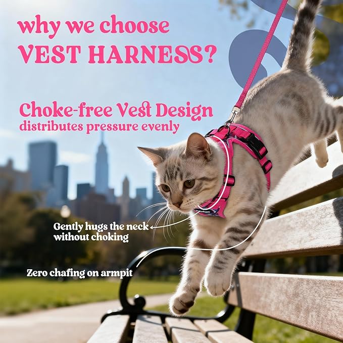rabbitgoo Cat Harness and Leash for Walking, Escape Proof Soft Adjustable Vest Harnesses for Cats, Easy Control Breathable Reflective Strips Jacket, Coconut Fuchsia,M