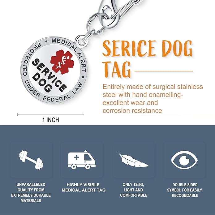 Leash King Service Dog Tag/ESA Animal Tag - Double Sided with Federal Protection & Red Medical Alert Symbol| Easily Attach to Collar, Harness, Vest | Service Dog Identification Tag