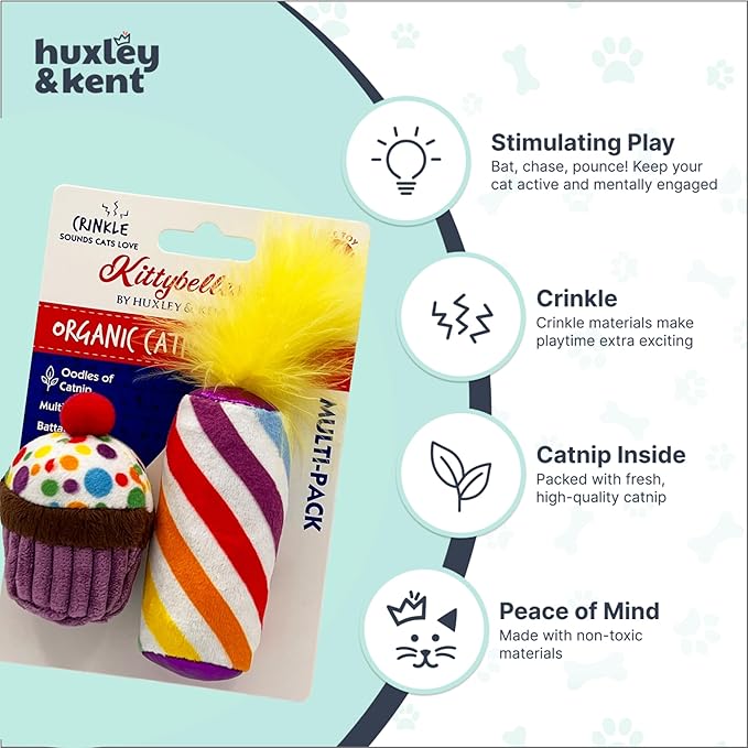 Huxley & Kent Plush Cat Toy - Interactive Catnip Toy for Cats & Kittens - Soft with Crinkle & Catnip - Fun Indoor Play - Mewow Cupcake & Candle, 2pk