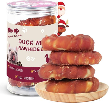 PAWUP Duck Dog Chews, Donut Rawhide Treat, Long Lasting Rawhide Ring, Natural w/Taurine, 12.5oz