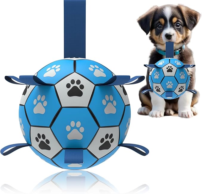 Domchan Dog Soccer Ball, Interactive Toys for Tug of War, Puppy Birthday Gifts, Tug Toy, Water Toy, Durable Balls for Small & Medium Size(6 inch-Blue)
