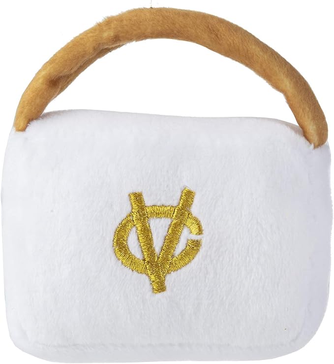 Haute Diggity Dog White Chewy Vuiton Handbag, Plush Designer Dog Toys with Interactive Squeaker, Stimulating Pet Enrichment, Machine-Washable & Safe Materials for All Breeds, Size Small