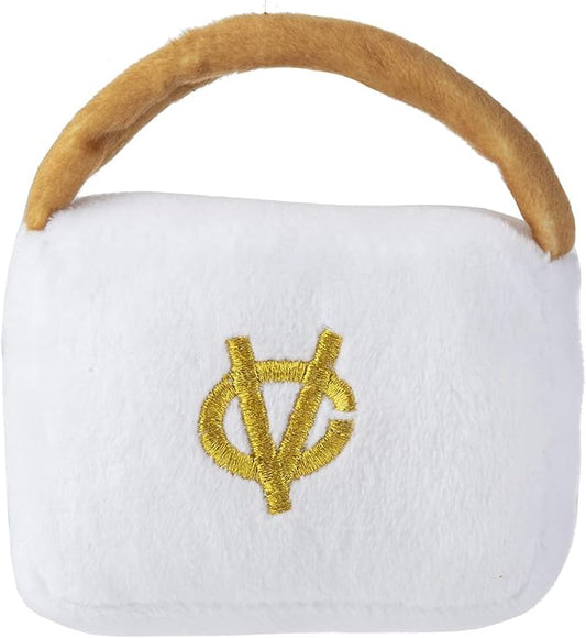 Haute Diggity Dog White Chewy Vuiton Handbag, Plush Designer Dog Toys with Interactive Squeaker, Stimulating Pet Enrichment, Machine-Washable & Safe Materials for All Breeds, Size Small