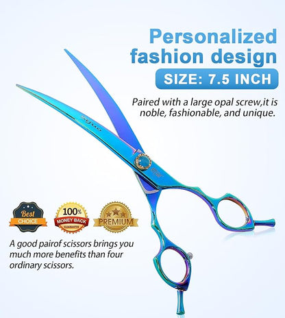 Stjuo 7.5'' Dog Curved Scissors for Grooming 440C Stainless Steel Green Professional Pet Trimming Scissors Sharp Blades Cutting for Dogs and Cats Shears