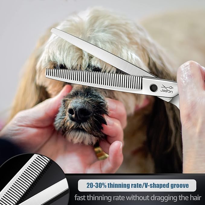 JASON 7.5" Dog Grooming Thinning Blending Scissor, Ergonomic Pet Grooming Thinner Blender Shears Cat Trimming Texturizing Kit with Offset Handle Christmas Gift