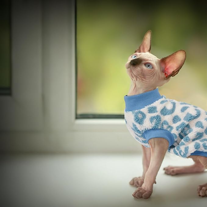 PUMYPOREITY Winter Warm Cat Sweater - Super Soft & Elastic Knit with Plush Fleece, Easy-On Design with Ribbed Neck & Cuffs, Stretchy Cat Outfit for Indoor/Outdoor Use,Blue, L