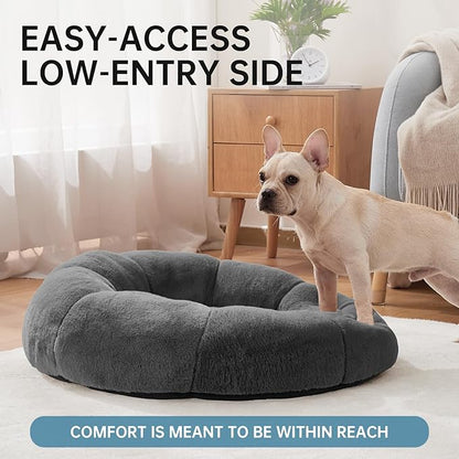 OhGeni 31 inches Calming Donut Orthopedic Dog & Cat Bed for Medium Pets, Warming Comfort Fluffy Short Pile Fur, Durable Waterproof Machine Washable Removable Cover, Cute Round Bed for Puppy, Dark Gray