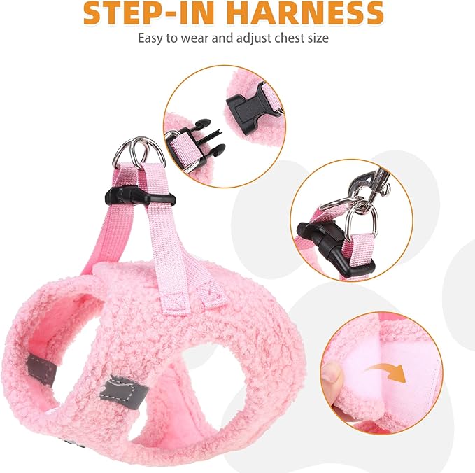 KOOLTAIL Plush Small Dog Harness and Leash Set, Warm Fleece No Pull Puppy Vest for Winter, Lightweight Reflective Step in Pet Harness for Medium Sized Dogs Boy Girl Outdoor Walking Cute Soft, Pink S
