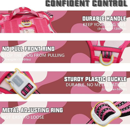 Auroth Tactical Pet Harness for Small Medium Large Dogs No Pull Adjustable, Reflective K9 Working Training Easy Control Vest Military Service Dog, Large, Pink Camo