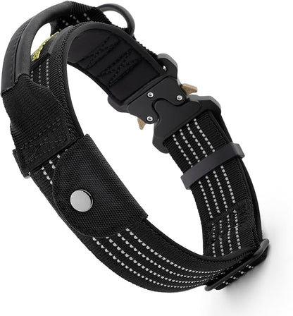 Plutus Pet Tactical Dog Collar with Tracker Pocket for AirTag, Adjustable Reflective Nylon Collar, Metal Buckle, Leather-Wrapped Handle, Soft Padded for Medium Large Dogs (Black, S)
