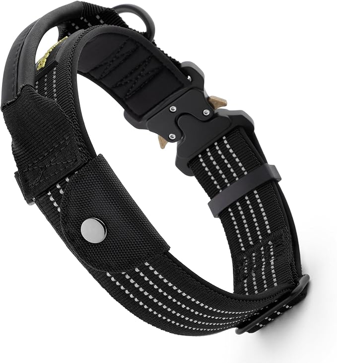 Plutus Pet Tactical Dog Collar with Tracker Pocket for AirTag, Adjustable Reflective Nylon Collar, Metal Buckle, Leather-Wrapped Handle, Soft Padded for Medium Large Dogs (Black, L)