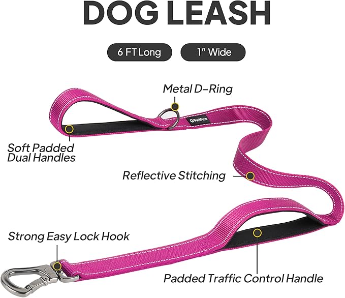 PetiFine 6FT Heavy Duty Dog Leash with Soft Padded Double Handle, Durable Strong Clasp Dog Leashes, Reflective Nylon Walking Lead for Large,Medium,Small Breed Dogs, Rose