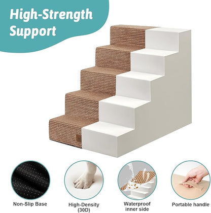 COZY KISS Dog Stairs for Small Dogs 5-Step, 19.7" Extra Wide Right-Angle Pet Stairs for Couch and Beds, Anti-Slip Dog Steps for Old Cats and Lowrider, 19.7x29.5x23.6 inch, Light Brown