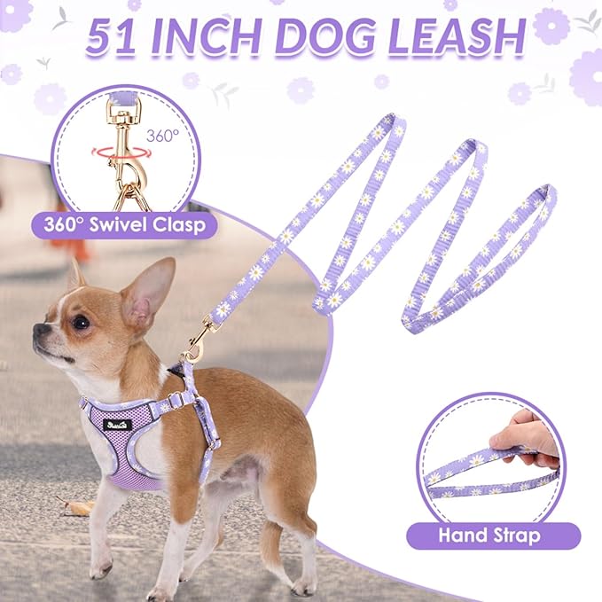 SlowTon Small Dog Harness - No Pull Dog Harness and Leash Set, Soft Mesh Lightweight Puppy Vest Harnesses, Adjustable Pet Harnesses for XXS XS Small Medium Easy Walk Hiking (Purple, S)