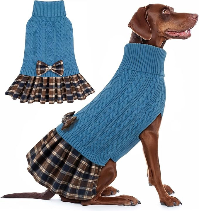 KYEESE Dog Sweater Soft Pullover Dogs Clothes Stretchy Pet Coats Thick Knitwear Pet Sweater Dress Comfy Dog Sweaters for Medium Dogs Boy Warm Turtleneck Pets Sweaters with Bowtie, Blue, XX-Large