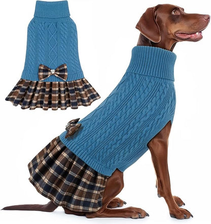 KYEESE Dog Sweater Soft Pullover Dogs Clothes Stretchy Pet Coats Thick Knitwear Pet Sweater Dress Comfy Dog Sweaters for Medium Dogs Boy Warm Turtleneck Pets Sweaters with Bowtie, Blue, XX-Large