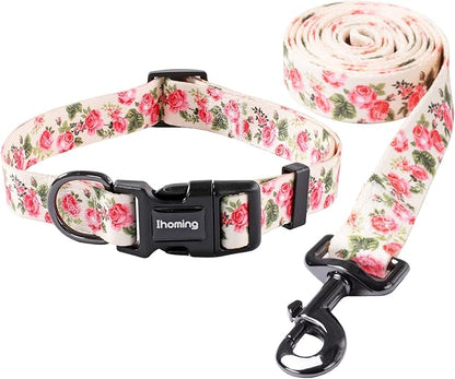 Ihoming Dog Collar and Leash Set for Daily Outdoor Walking Running Training, Pink Flowers Design for Medium Boys Girls Dogs Cats Pets, M-Up to 45LBS