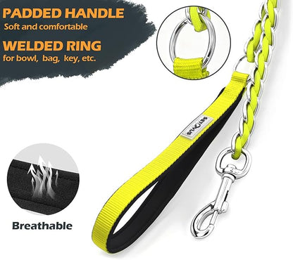 Chew Proof Metal Leash Chain Dog Leash for Medium Large Dogs, Chain Link Anti Chew 5FT Strong Anti Bite Comfortable Soft Padded Handle Yellow