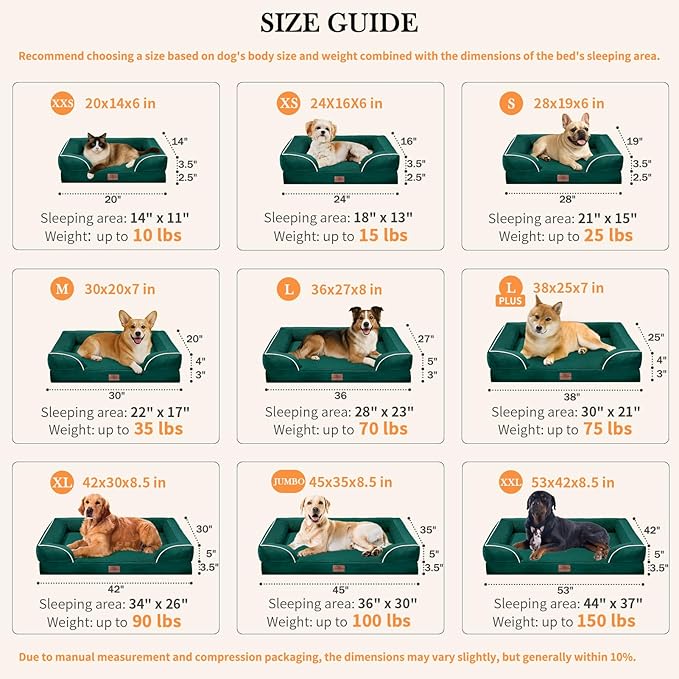 Comfort Expression Orthopedic Dog Bed for Extra Large Dogs 53x42 Inch, Waterproof Supportive Egg Crate Foam XXL Pet Bed with Removable Bolster, Dog Couch with Washable Cover & Non-Slip Bottom, Emerald