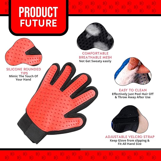 Pet Grooming Gloves – 1 Pair – Deshedding & Bath Massage Mitts for Dogs & Cats – Choose from 5 Colors – Adjustable, Reusable & Easy to Clean (Red)