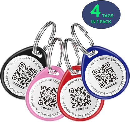 QR Code Dog Tag and Cat Tag, Scan to Reunite Faster, Waterproof and Durable, Lightweight and Quiet, Updatable Contact Info, Black&Red&Blue&Pink, 4 Tags in 1 Pack