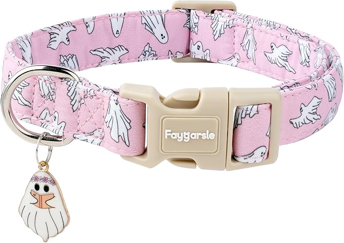 Faygarsle Pink Ghost Pattern Dog Collar with Charm, Halloween Pet Necklace, Adjustable Collar for Small Medium Large Dogs M