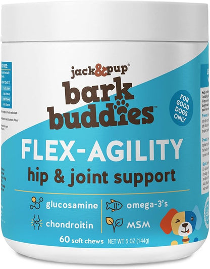 Jack&Pup Dog Joint Supplement Flex-Agility Bark Buddies | Glucosamine Chondroitin for Dogs | Hip and Joint Chews for Dogs (5oz, 60 Ct)