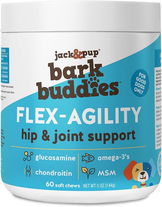 Jack&Pup Dog Joint Supplement Flex-Agility Bark Buddies | Glucosamine Chondroitin for Dogs | Hip and Joint Chews for Dogs (5oz, 60 Ct)