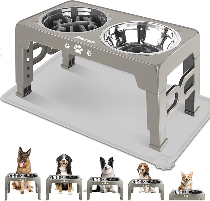 Elevated Dog Bowls, Dog Feeder with 1*Stainless Steel Dishes & 1*Slow Feeder Bowl, 5 Heights Adjustable Raised Stand for Medium Large, Food Dishes with Non-Slip Feet