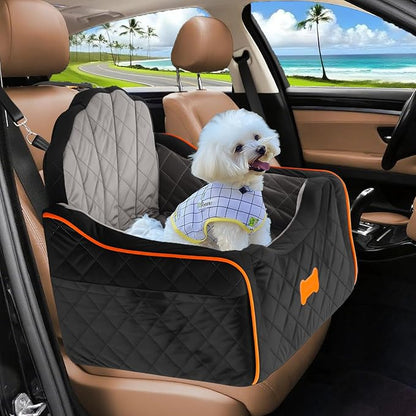 koneboss Dog Car Seat for Small Dogs Under 30lbs, Detachable Washable Pet Booster Seat with Safety Belt & Storage Pockets, Travel Car Bed, Black/Grey