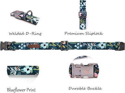 Elegant little tail Dog Collar, Floral Pet Collar Durable Darkblue Flower Dog Collars Male or Female Holiday Pet Gift Adjustable Dog Collar for X-Small Dogs
