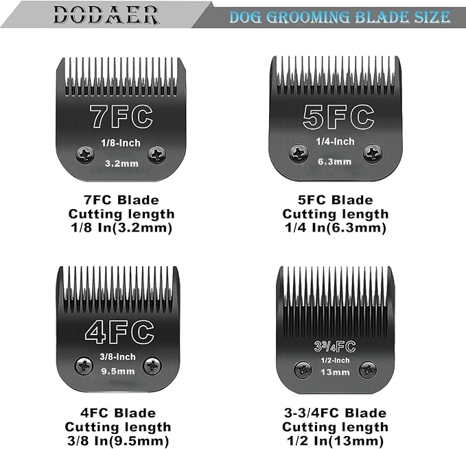 DODAER Black Detachable Pet Dog Grooming Clipper Stainless Steel Blades Set,Compatible with Andis,Oster A5,Wahl KM10 Series Clippers,4 Pack (7FC+5FC+4FC+3FC)