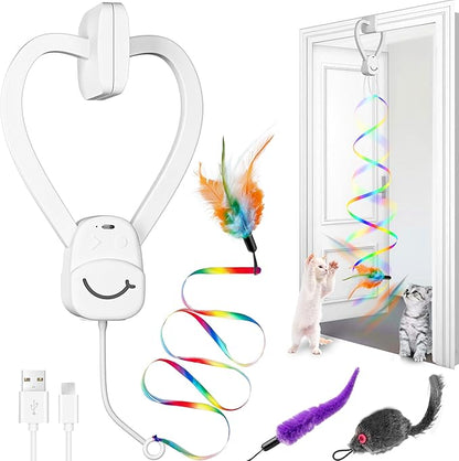 PANRIO Interactive Cat Toys for Indoor Cats, Automatic Hanging Door Feather Toy Mouse & Ribbon Wand Teaser,USB-Rechargeable Self Play Chase Exercise Feather Toys for Bored Indoor Adult & Kitten Cats