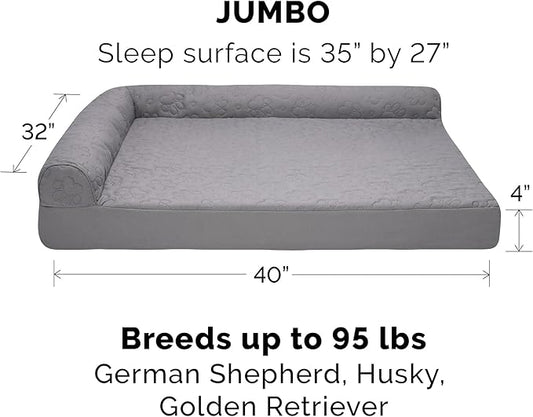 Furhaven Orthopedic Dog Bed for Large Dogs w/ Removable Bolsters & Washable Cover, For Dogs Up to 95 lbs - Pinsonic Quilted Paw L Shaped Chaise - Titanium, Jumbo/XL