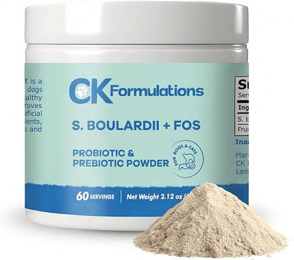 CK Formulations | S boulardii + FOS for Dogs and Cats | Probiotic and Prebiotic Powder | Support Gut Health, Diarrhea | 6 Billion CFU | 60g