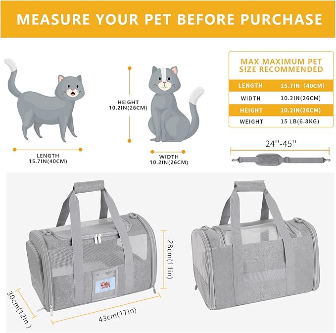 SECLATO Cat Carrier Pet Dog Carrier Airline Approved for Puppy Kitten Carriers Under 15lb, Collapsible Soft Sided TSA Approved Travel Carrier-Grey