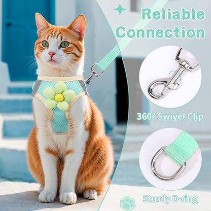 NCMAMA Cat Harness and Leash Set for Walking Escape Proof, Adjustable Kitten Harness Breathable Mesh with Reflective Strips Harness with Flower for Kitty Puppy Bunny Green XS